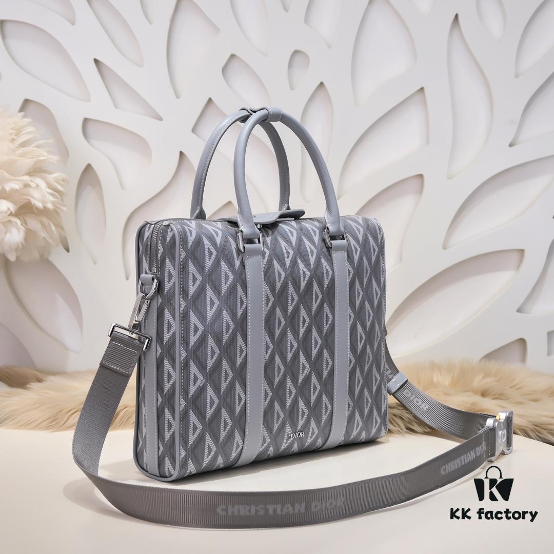 692f10d74ecd253cf1078bdf Dior Latest Collection Men's Briefcase/Handbag - Hit the Road Series, Grey CD Diamond Canvas with Signature Nylon Jacquard Straps