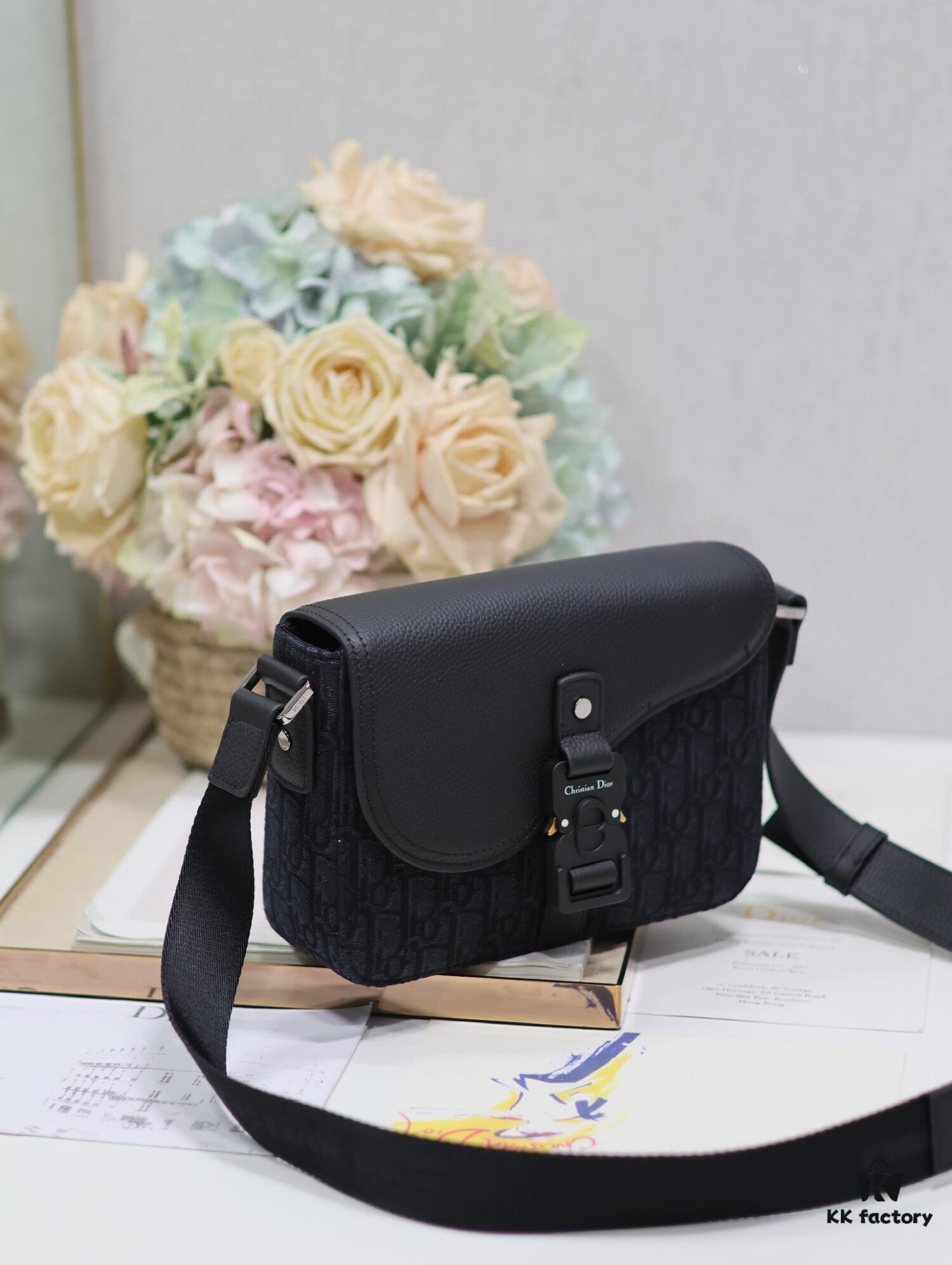 692f11104ecd253cf1078c52 Small Men's Saddle Flap Messenger Bag in Black Fabric