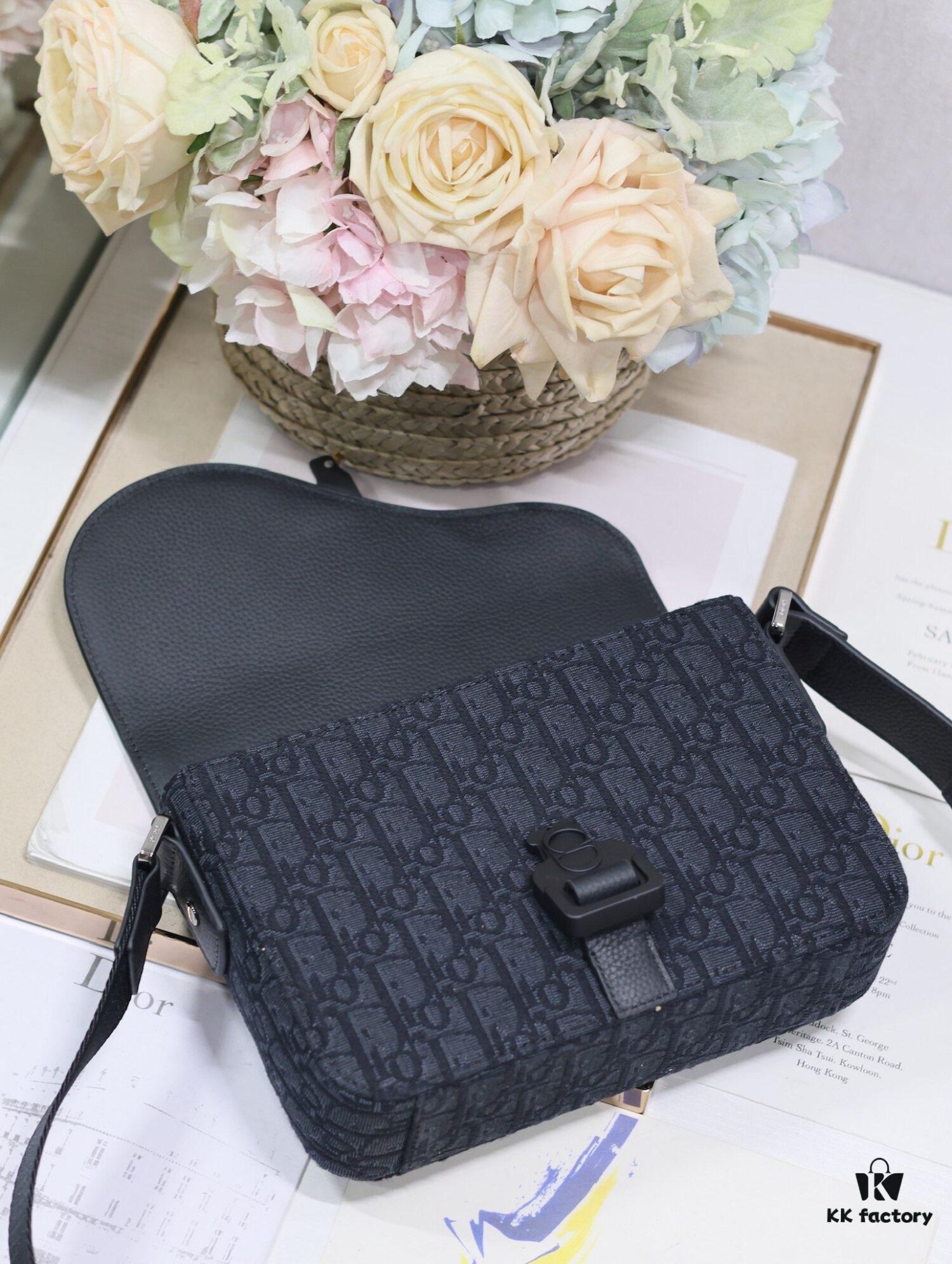 692f11134ecd253cf1078c57 Small Men's Saddle Flap Messenger Bag in Black Fabric