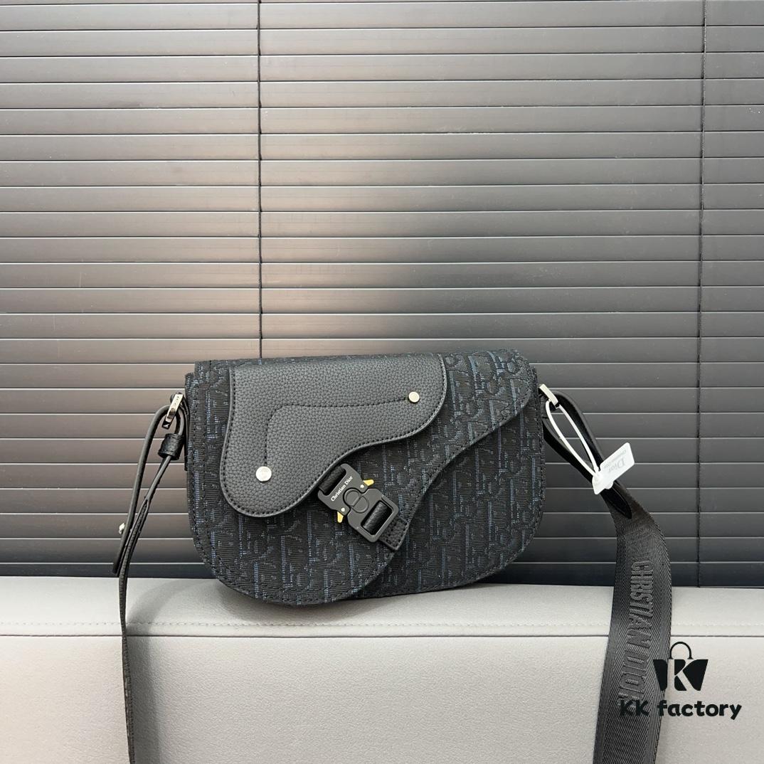 692f12004ecd253cf1078e3d DIOR Men's Flap Shoulder Saddle Bag in Black Canvas with Leather Trim, Long Adjustable Strap, Unisex Portable Design, Celebrity Must-Have, Crafted with Precision Inlay Workmanship, Classic and Versatile