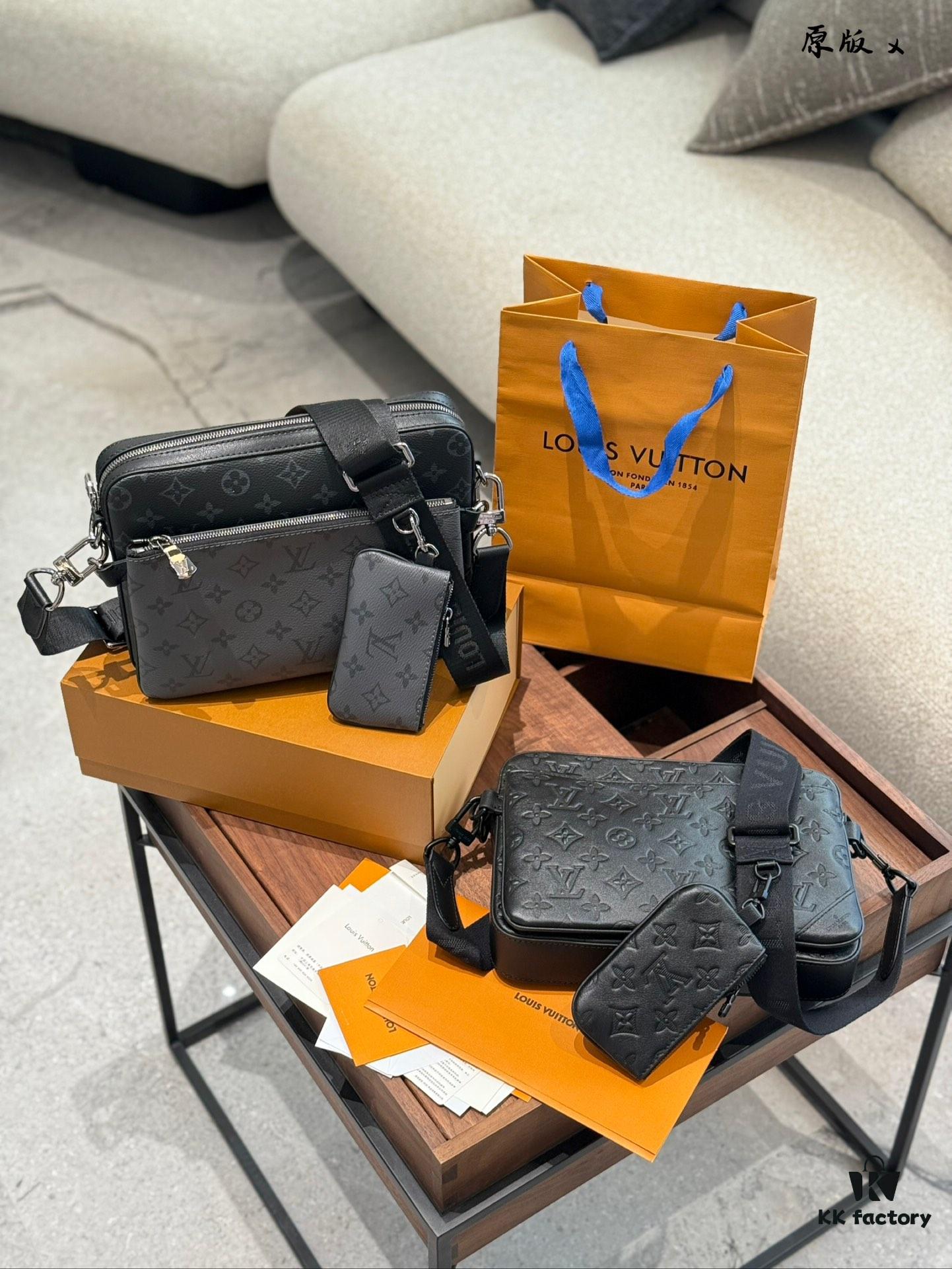 692f12f14ecd253cf1078fda Embossed Cowhide Black Flower LV Men's Three-in-One Black Warrior Trio Messenger Bag