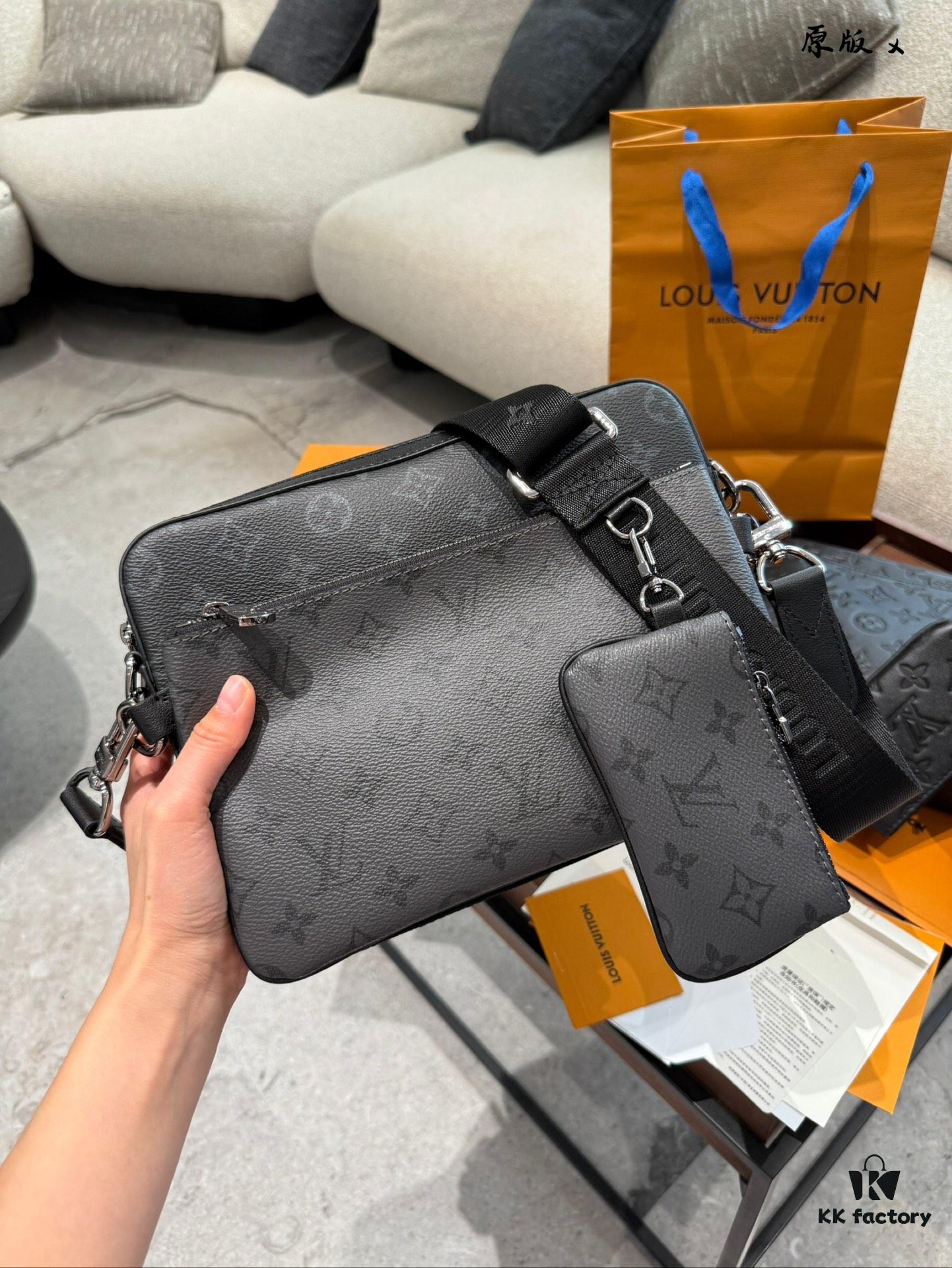 692f12f24ecd253cf1078fdc Embossed Cowhide Black Flower LV Men's Three-in-One Black Warrior Trio Messenger Bag