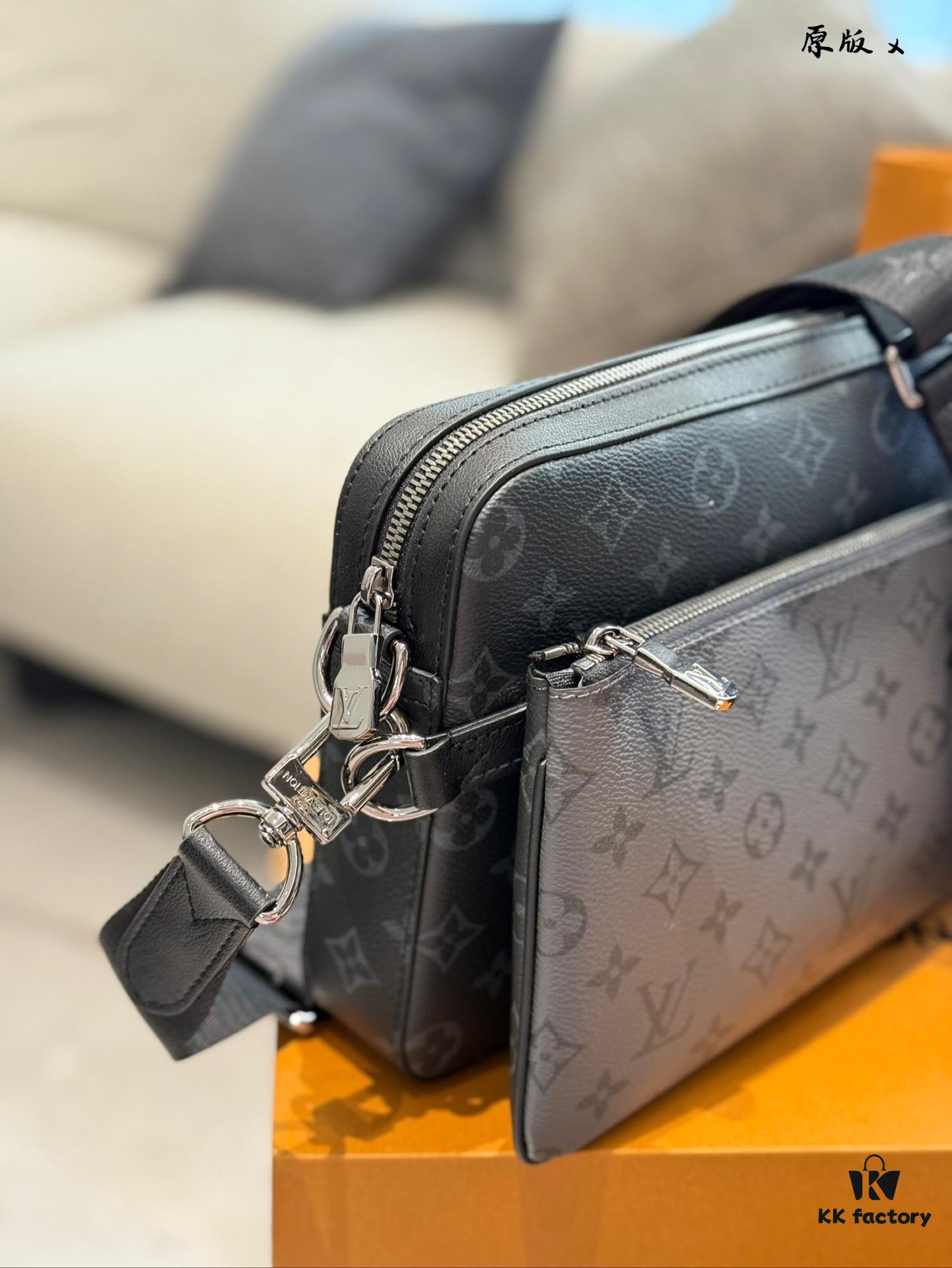 692f12f44ecd253cf1078fdd Embossed Cowhide Black Flower LV Men's Three-in-One Black Warrior Trio Messenger Bag