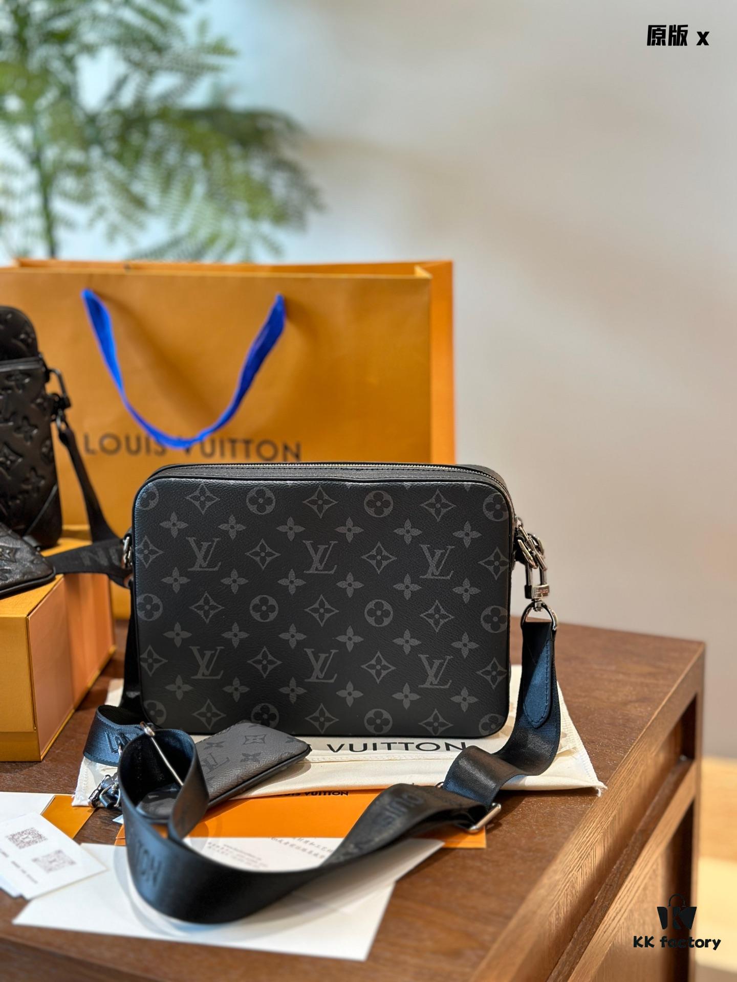 692f14e24ecd253cf1079388 Embossed Cowhide Black Monogram LV Men's Trio Three-in-One Messenger Bag in Black Knight Style