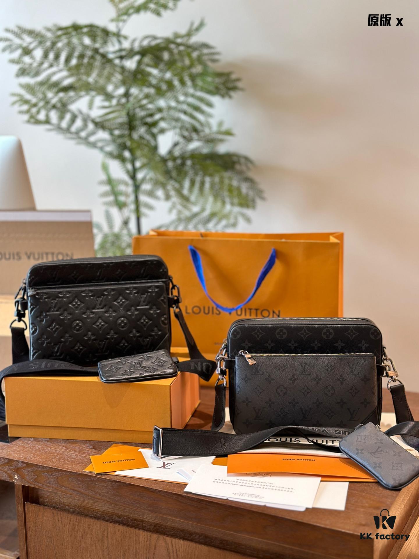 692f14e34ecd253cf1079389 Embossed Cowhide Black Monogram LV Men's Trio Three-in-One Messenger Bag in Black Knight Style