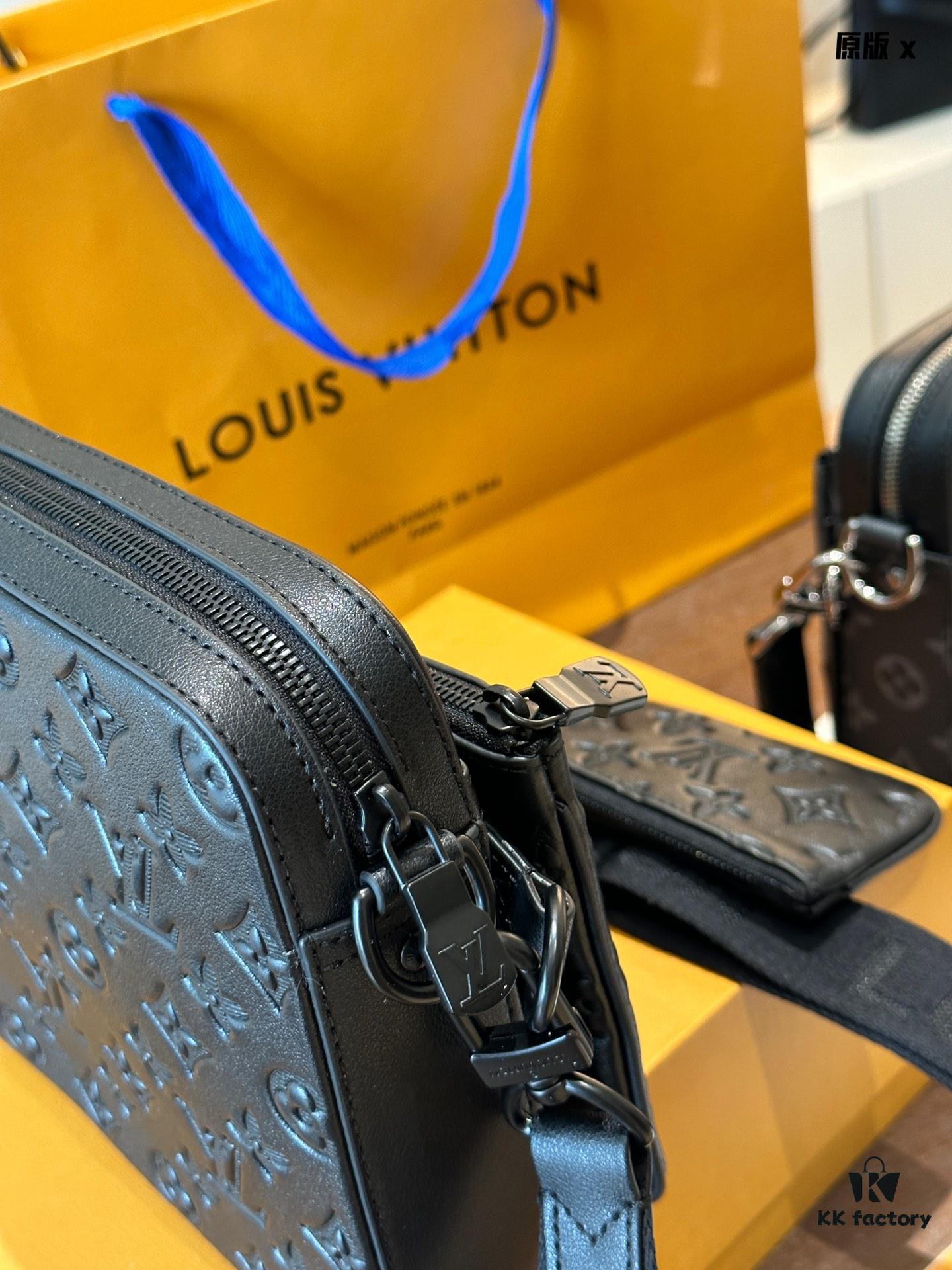 692f14e44ecd253cf107938a Embossed Cowhide Black Monogram LV Men's Trio Three-in-One Messenger Bag in Black Knight Style