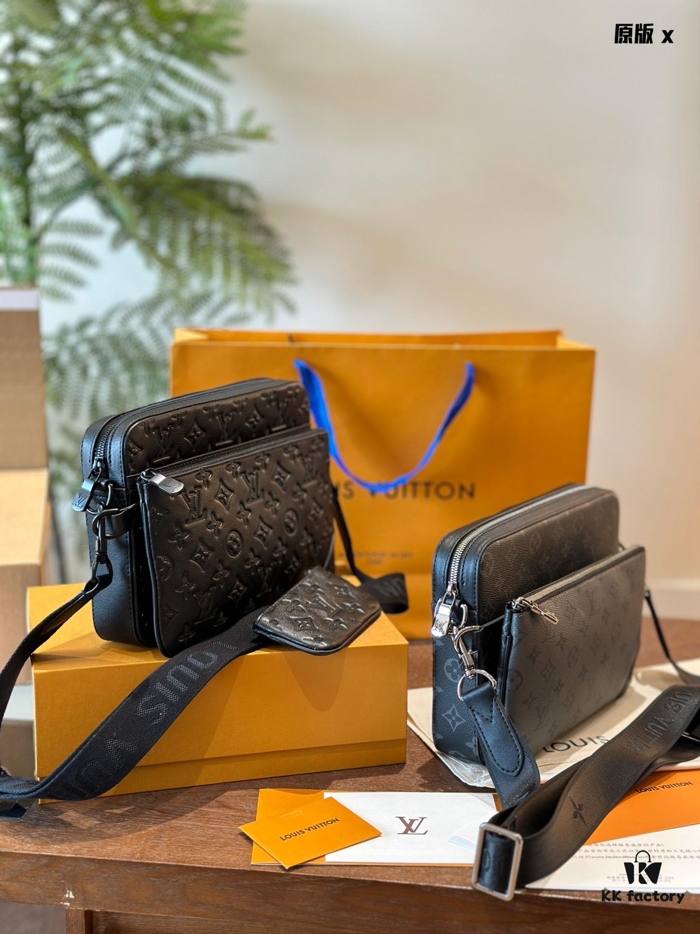 692f14e44ecd253cf107938b Embossed Cowhide Black Monogram LV Men's Trio Three-in-One Messenger Bag in Black Knight Style