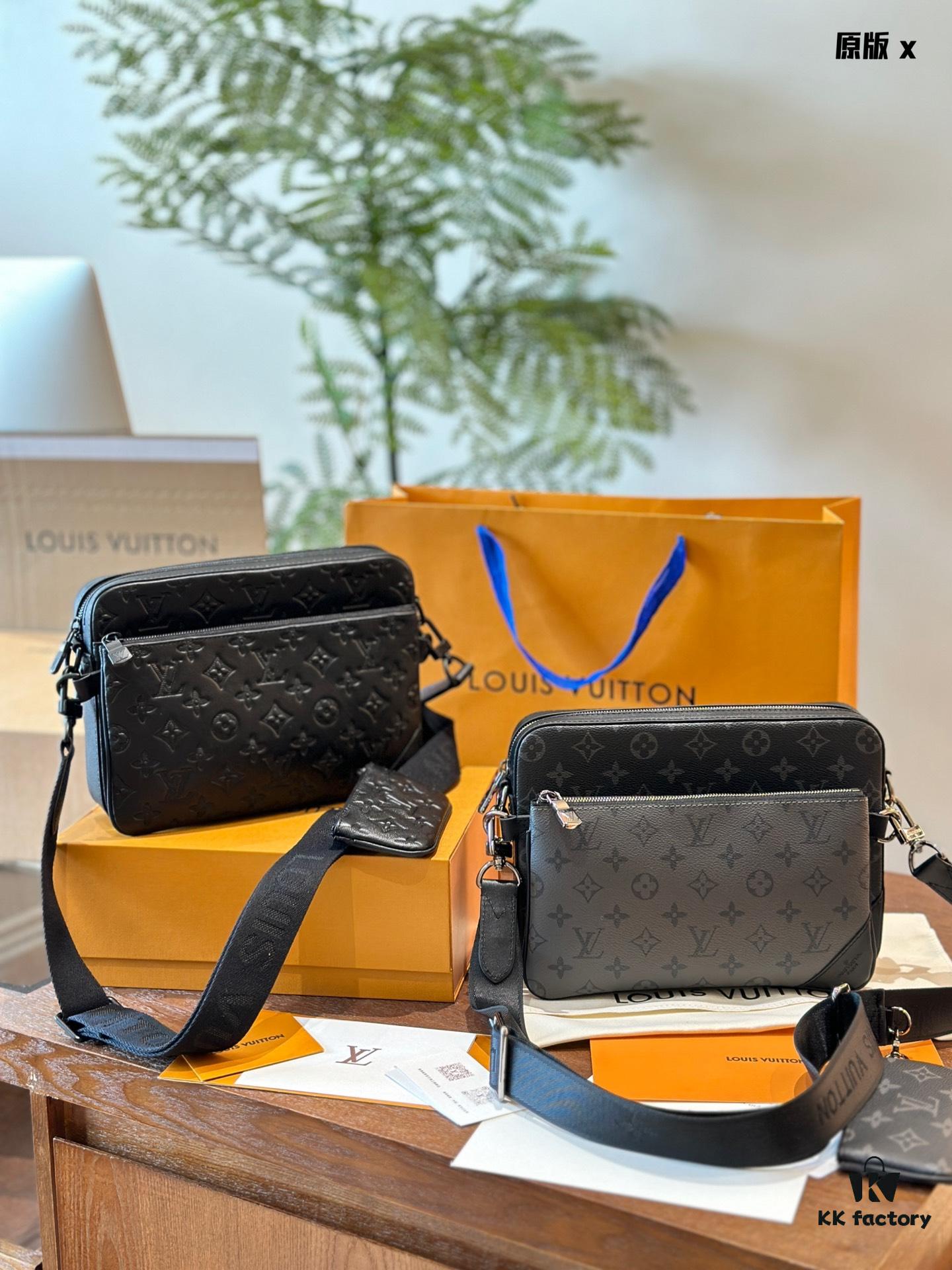 692f14e84ecd253cf1079391 Embossed Cowhide Black Monogram LV Men's Trio Three-in-One Messenger Bag in Black Knight Style