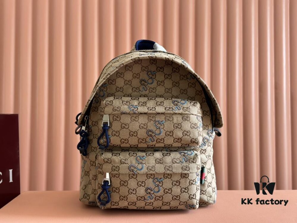 692f15464ecd253cf107943c Gucci Men's Backpack with Coiled Snake Embroidery in Beige and Brown Original GG Canvas, Blue Contrast Trim