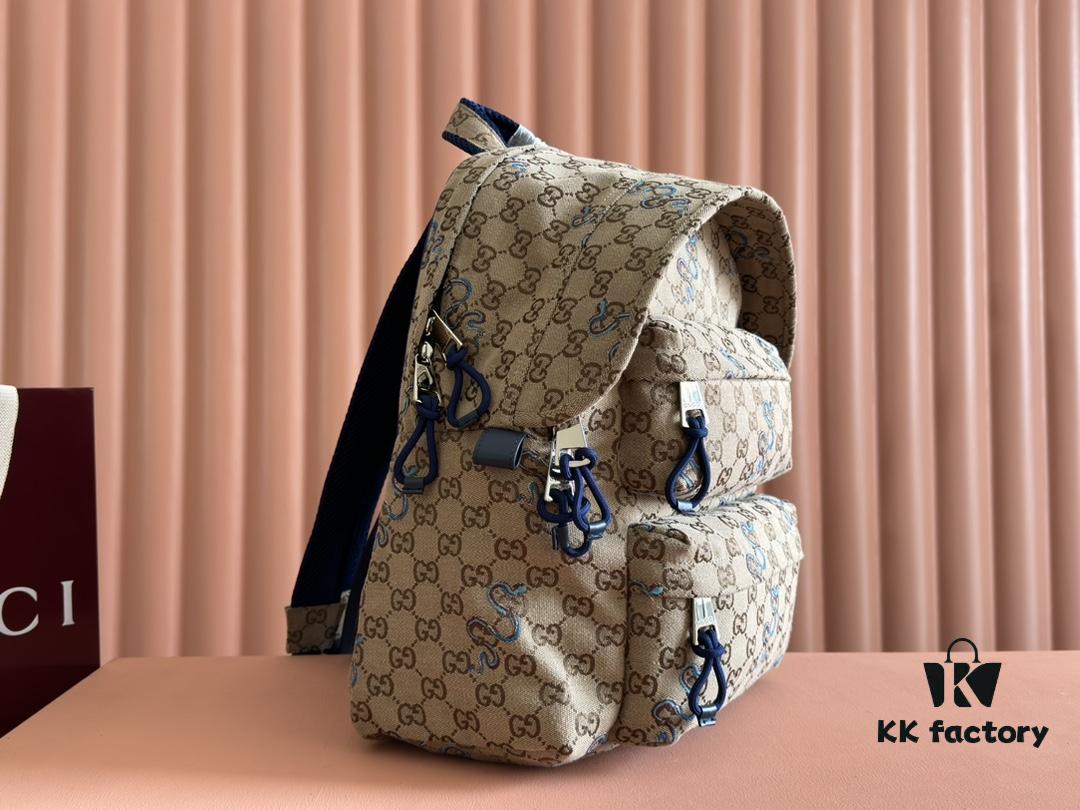 692f15474ecd253cf107943f Gucci Men's Backpack with Coiled Snake Embroidery in Beige and Brown Original GG Canvas, Blue Contrast Trim