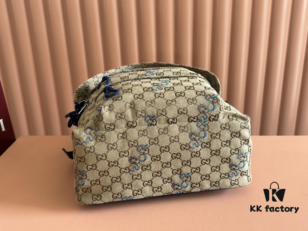 692f15494ecd253cf1079441 Gucci Men's Backpack with Coiled Snake Embroidery in Beige and Brown Original GG Canvas, Blue Contrast Trim