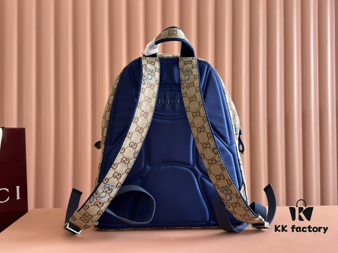 692f15494ecd253cf1079442 Gucci Men's Backpack with Coiled Snake Embroidery in Beige and Brown Original GG Canvas, Blue Contrast Trim