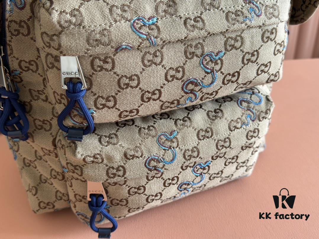692f154a4ecd253cf1079443 Gucci Men's Backpack with Coiled Snake Embroidery in Beige and Brown Original GG Canvas, Blue Contrast Trim