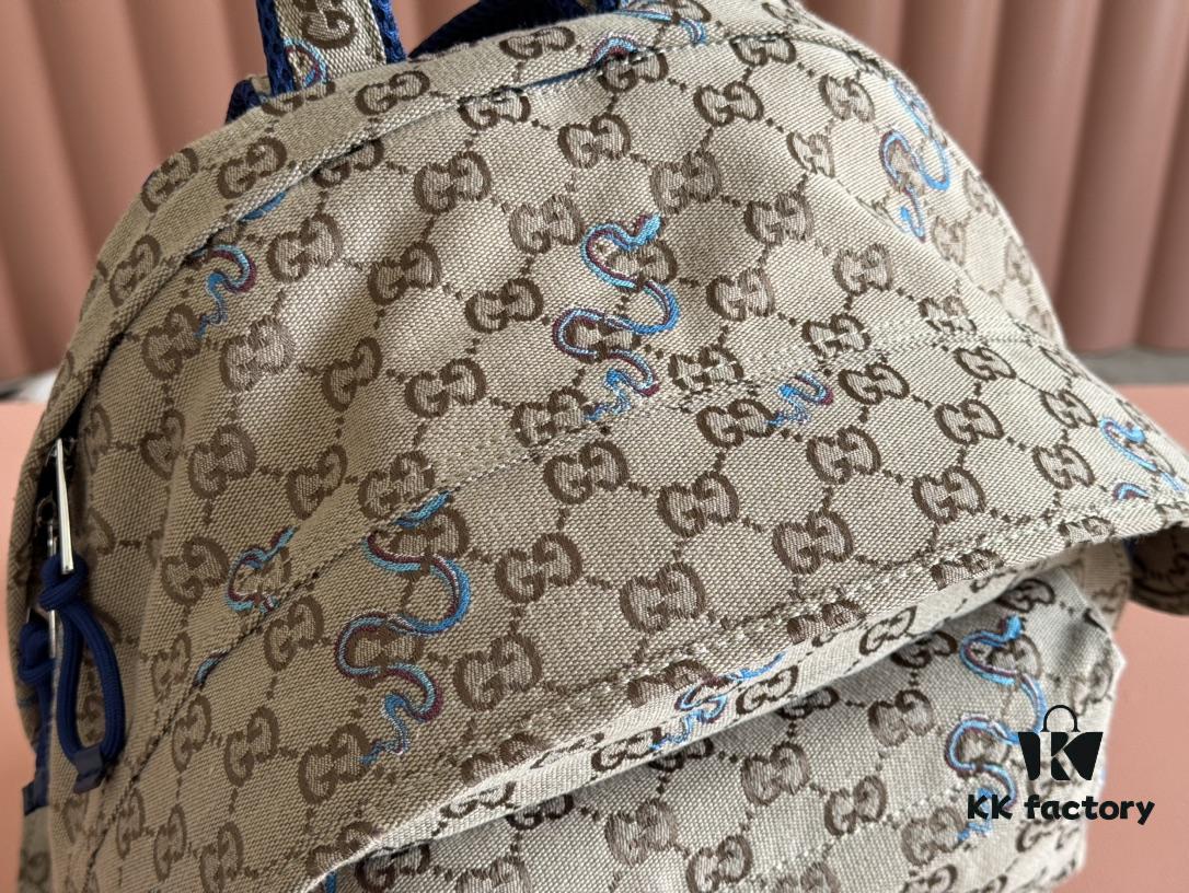 692f154b4ecd253cf1079446 Gucci Men's Backpack with Coiled Snake Embroidery in Beige and Brown Original GG Canvas, Blue Contrast Trim