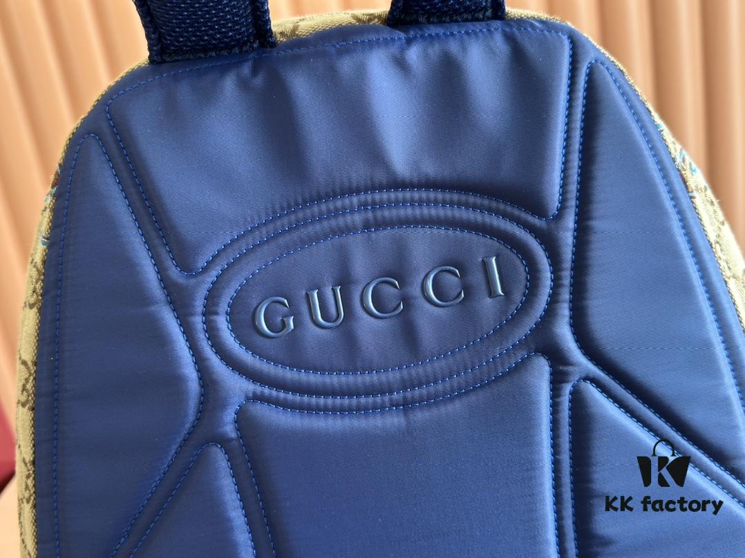 692f154b4ecd253cf1079448 Gucci Men's Backpack with Coiled Snake Embroidery in Beige and Brown Original GG Canvas, Blue Contrast Trim