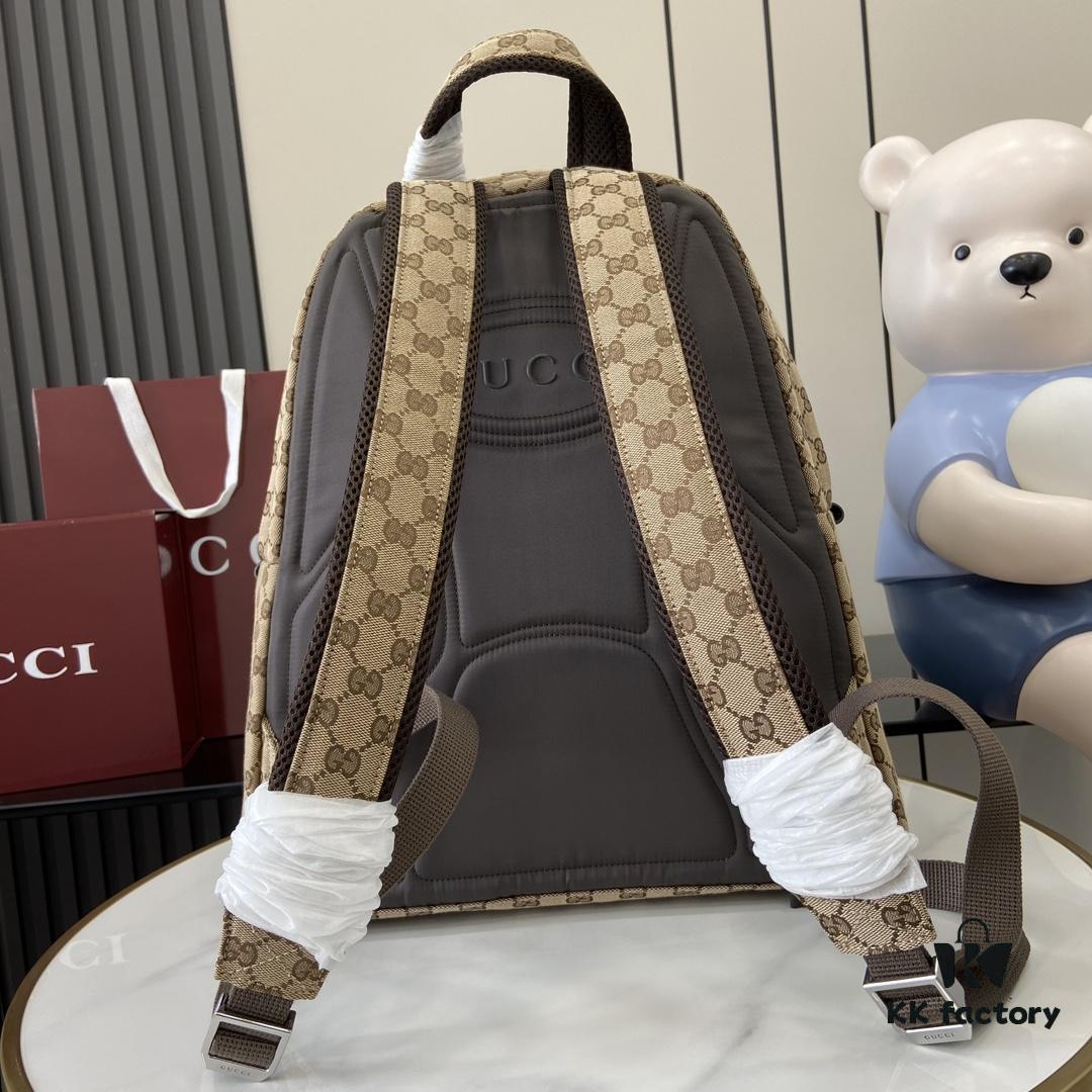 Gucci Logo Medium Backpack in Beige and Ebony GG Canvas with Original Green Gift Bag