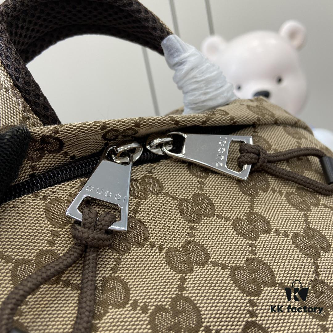 Gucci Logo Medium Backpack in Beige and Ebony GG Canvas with Original Green Gift Bag