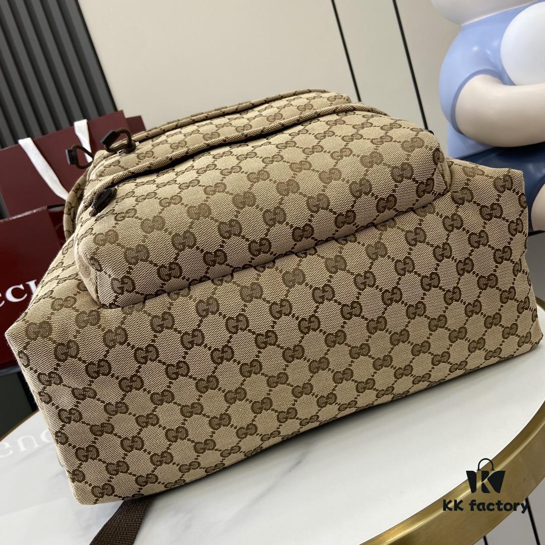 Gucci Logo Medium Backpack in Beige and Ebony GG Canvas with Original Green Gift Bag