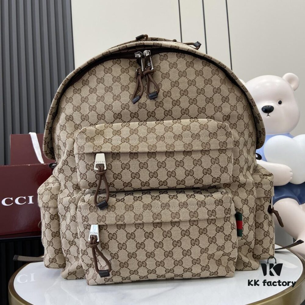 692f15504ecd253cf1079453 Gucci Logo Large Backpack in Beige and Ebony GG Canvas with Original Green Gift Bag