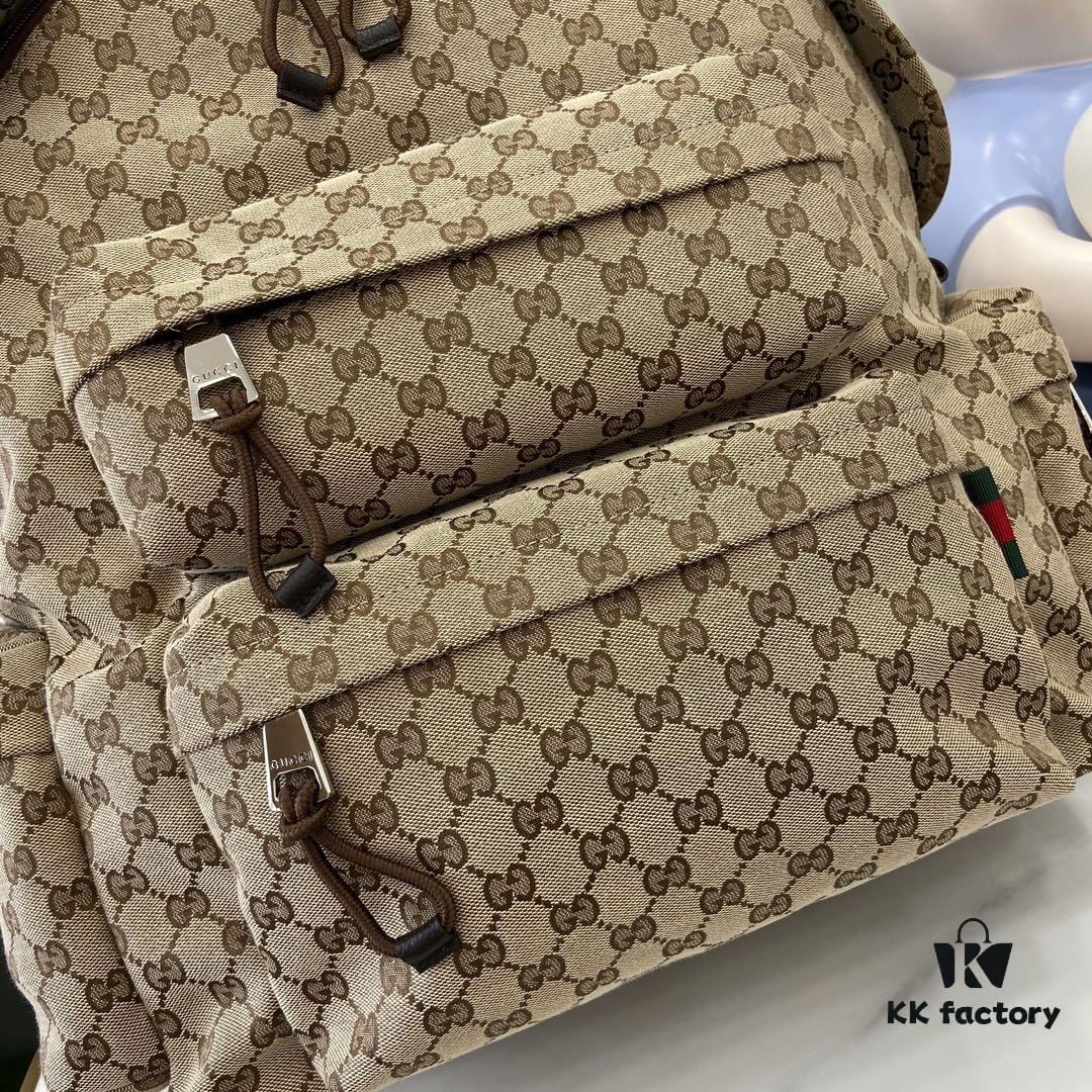 692f15524ecd253cf1079456 Gucci Logo Large Backpack in Beige and Ebony GG Canvas with Original Green Gift Bag