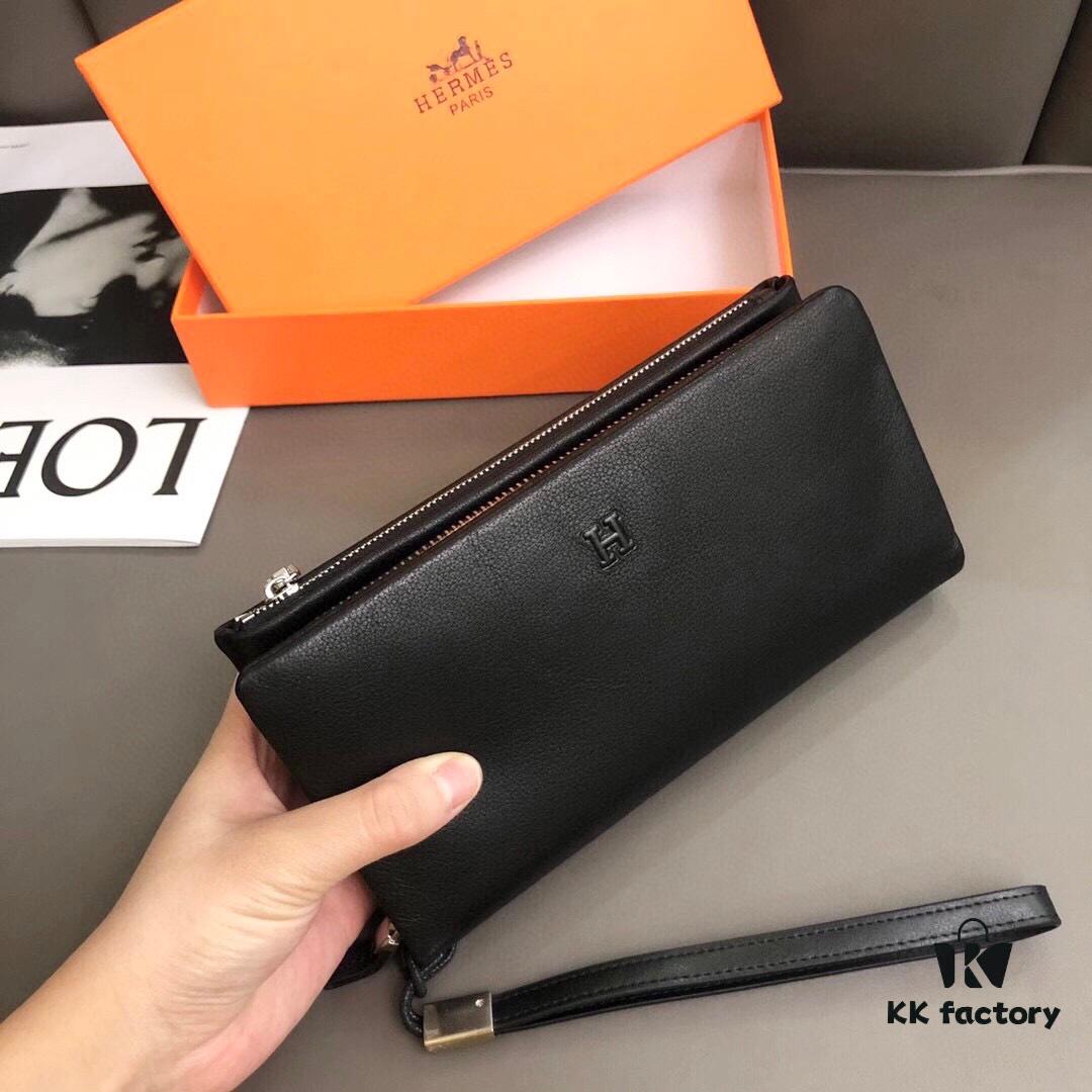 692f16a25464a31cf521a5ed Hermès Black Leather Men's Clutch Bag 21x10 Model 90095 with Card Slots and Phone Pocket