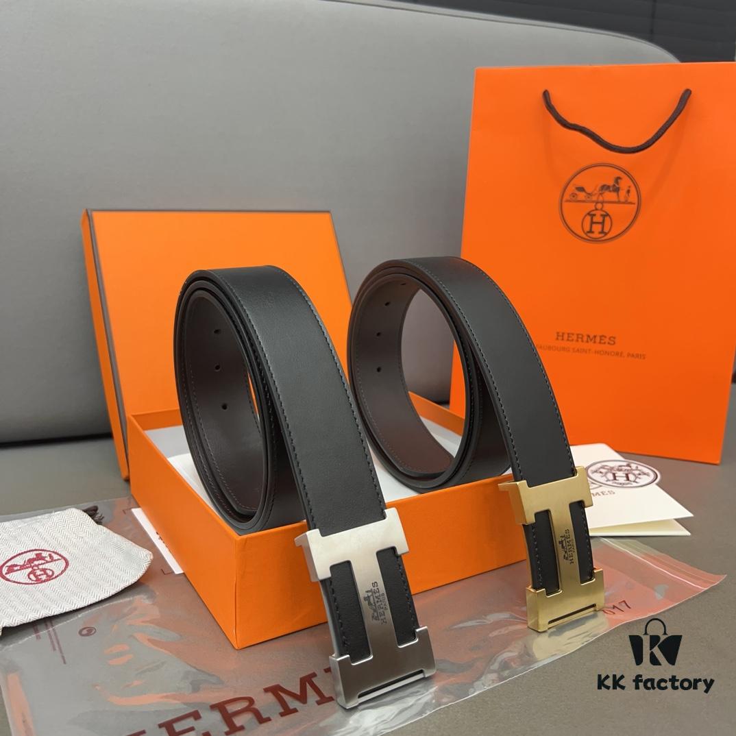 692f16b45464a31cf521a613 Hermès Men's Leather Belt with Steel Buckle and Printed Eyelets, Classic Design, Two Colors Available