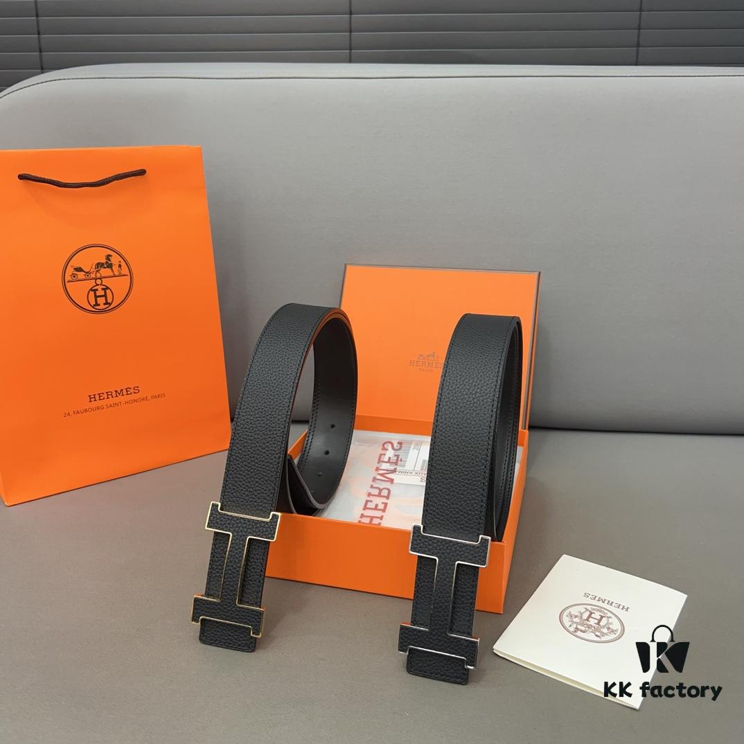 692f16f15464a31cf521a676 Hermès Men's Leather Belt with Steel Buckle and Printed Eyelet, Classic Style, Two Colors Available
