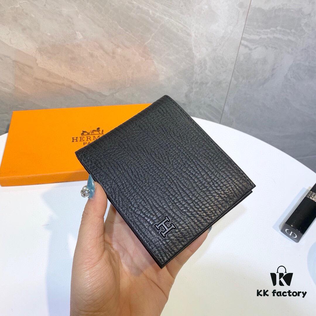 Hermès Style Men's Genuine Cowhide Bifold Wallet - Short and Long Versions, Black Color, Premium Soft Leather, Model 8809