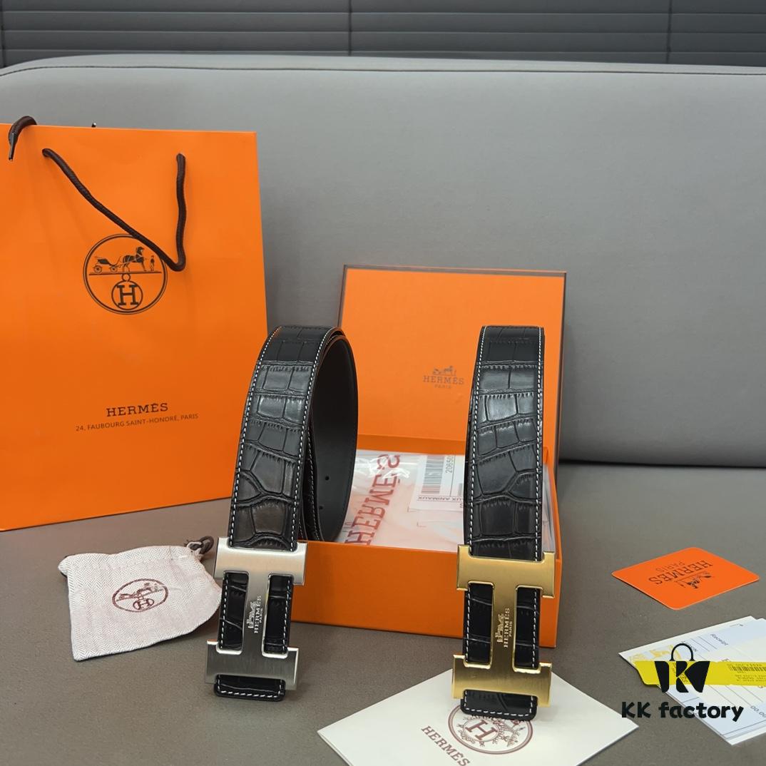692f17305464a31cf521a6f2 Hermès Men's Leather Belt with Steel Buckle and Printed Eyelets, Classic Design, Two Colors Available