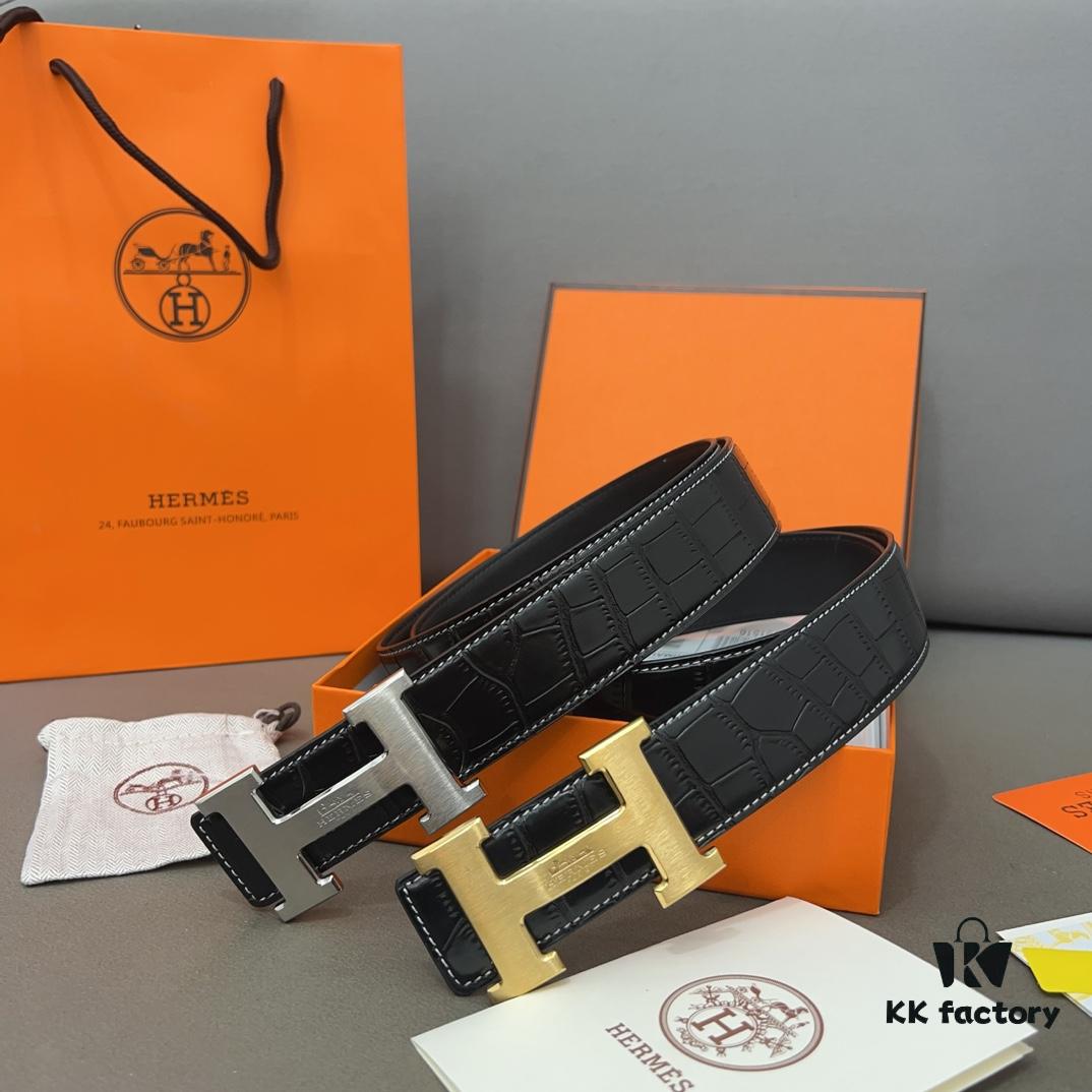 692f17305464a31cf521a6f3 Hermès Men's Leather Belt with Steel Buckle and Printed Eyelets, Classic Design, Two Colors Available