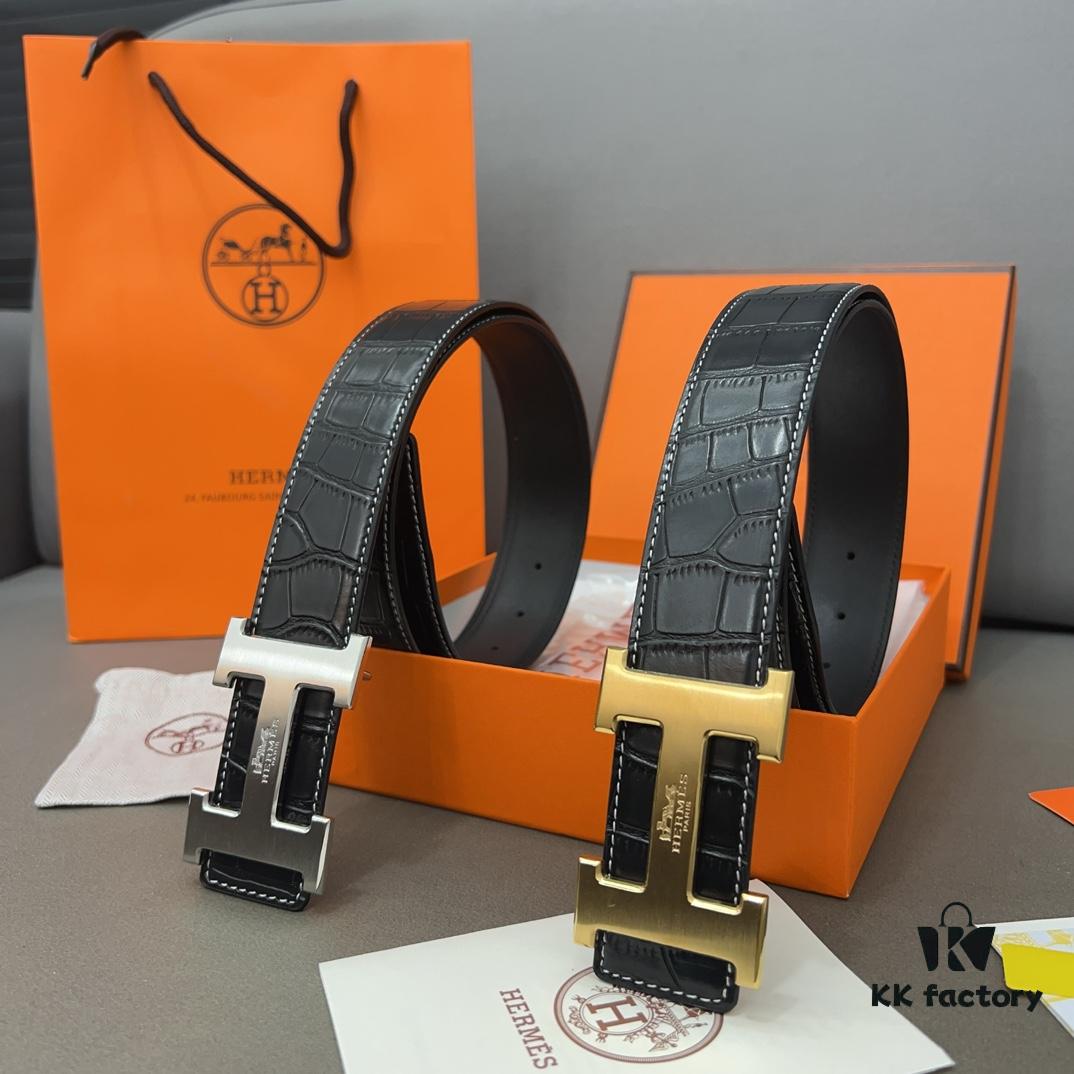692f17315464a31cf521a6f4 Hermès Men's Leather Belt with Steel Buckle and Printed Eyelets, Classic Design, Two Colors Available