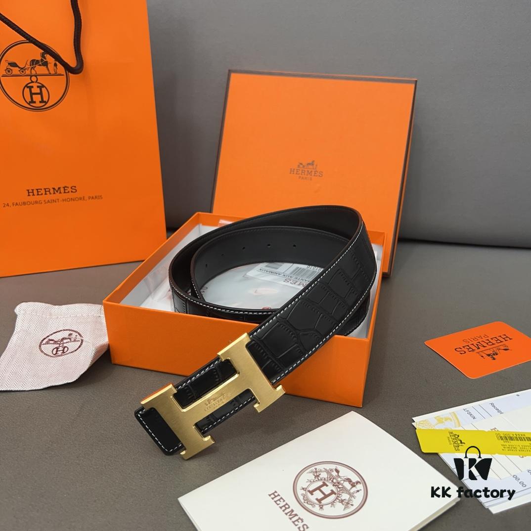 692f17315464a31cf521a6f6 Hermès Men's Leather Belt with Steel Buckle and Printed Eyelets, Classic Design, Two Colors Available