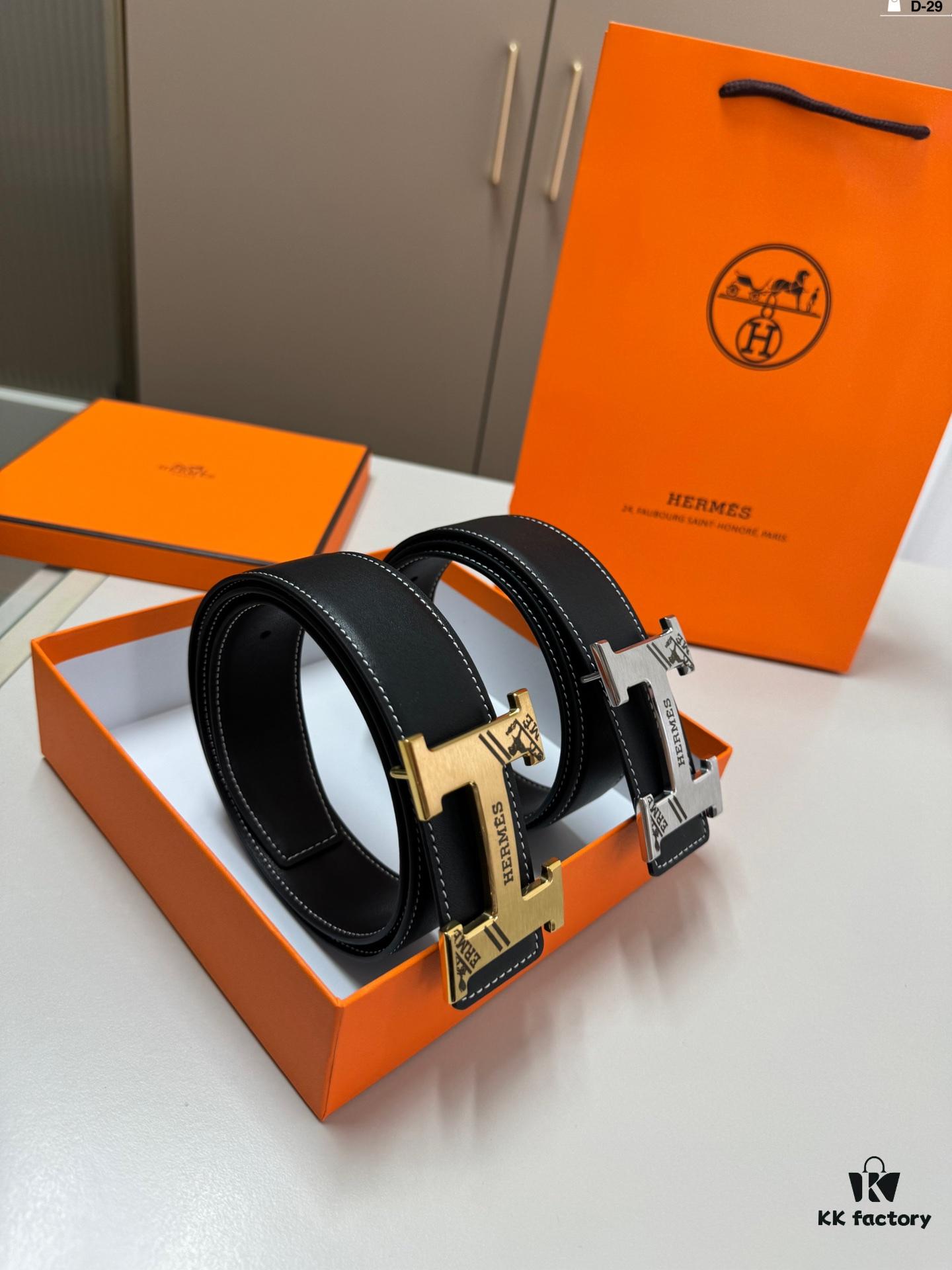 Hermes Men's Leather Belt D-29 with Full Packaging and Tote Bag