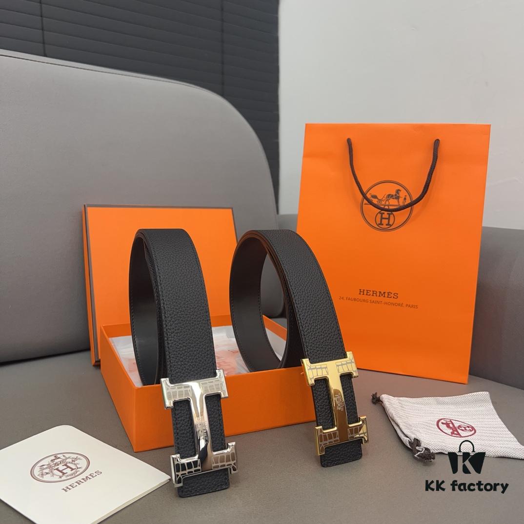 692f174c5464a31cf521a737 Hermès Men's Leather Belt with Steel Buckle and Printed Eyelets, Classic Design, Two Colors Available