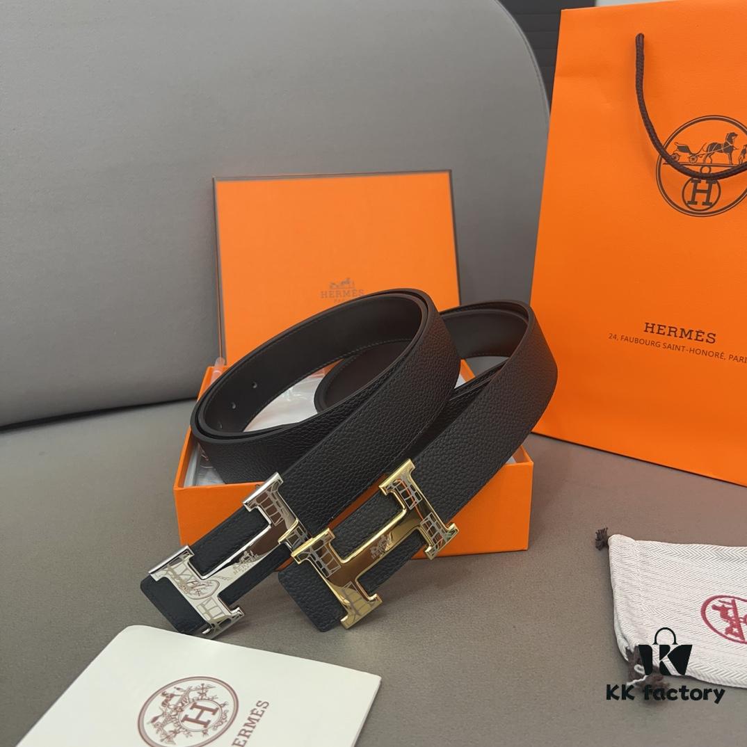 692f174f5464a31cf521a73c Hermès Men's Leather Belt with Steel Buckle and Printed Eyelets, Classic Design, Two Colors Available