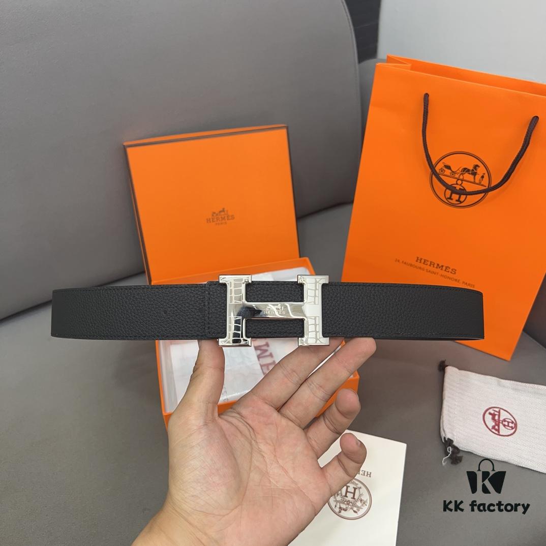 692f174f5464a31cf521a73d Hermès Men's Leather Belt with Steel Buckle and Printed Eyelets, Classic Design, Two Colors Available