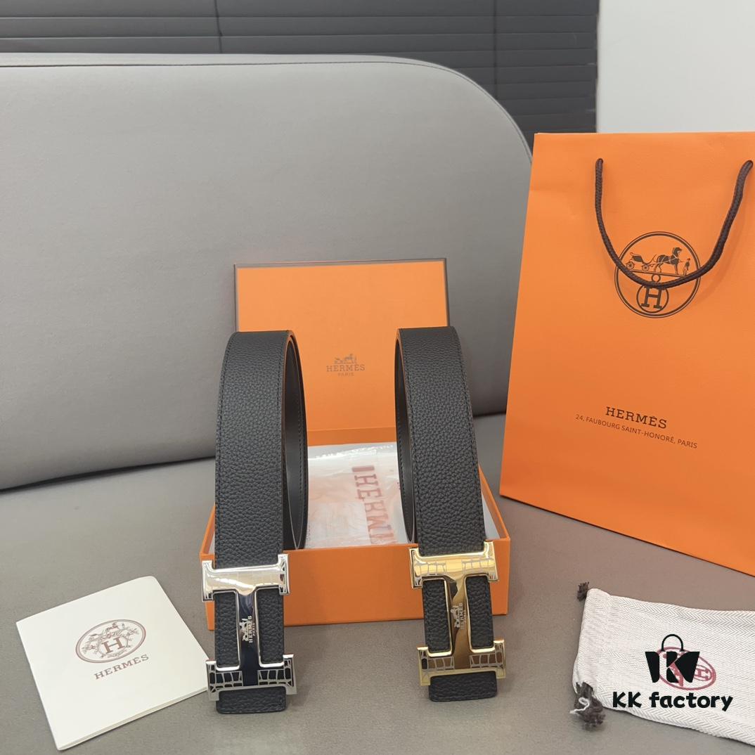 692f17505464a31cf521a73f Hermès Men's Leather Belt with Steel Buckle and Printed Eyelets, Classic Design, Two Colors Available