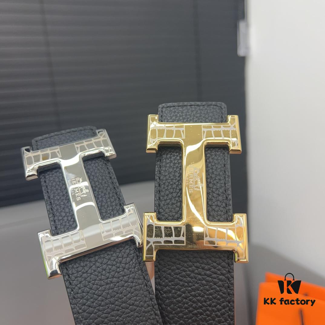 692f17505464a31cf521a741 Hermès Men's Leather Belt with Steel Buckle and Printed Eyelets, Classic Design, Two Colors Available