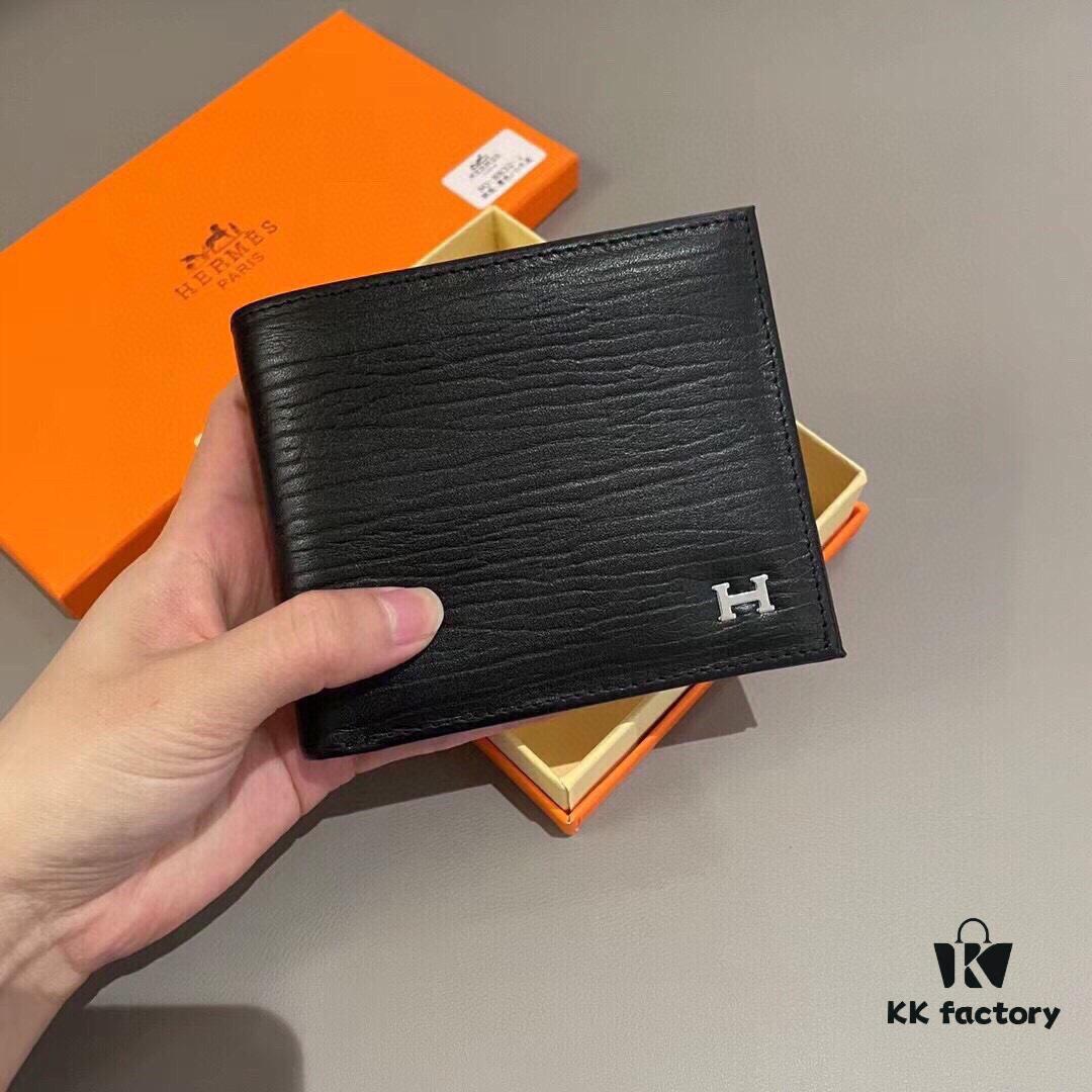 692f17715464a31cf521a791 Hermès Style Men's Genuine Cowhide Bifold Wallet in Black - Short 12x10, Long 19x10