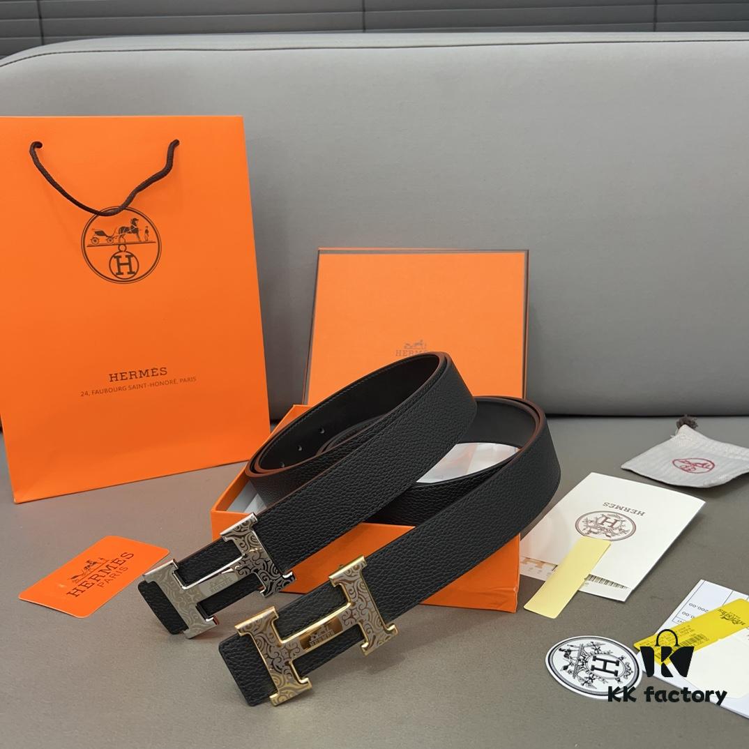 692f17735464a31cf521a79a Hermès Men's Leather Belt with Steel Buckle, Printed Eyelets, Genuine Cowhide, Classic Design, Two Colors Available