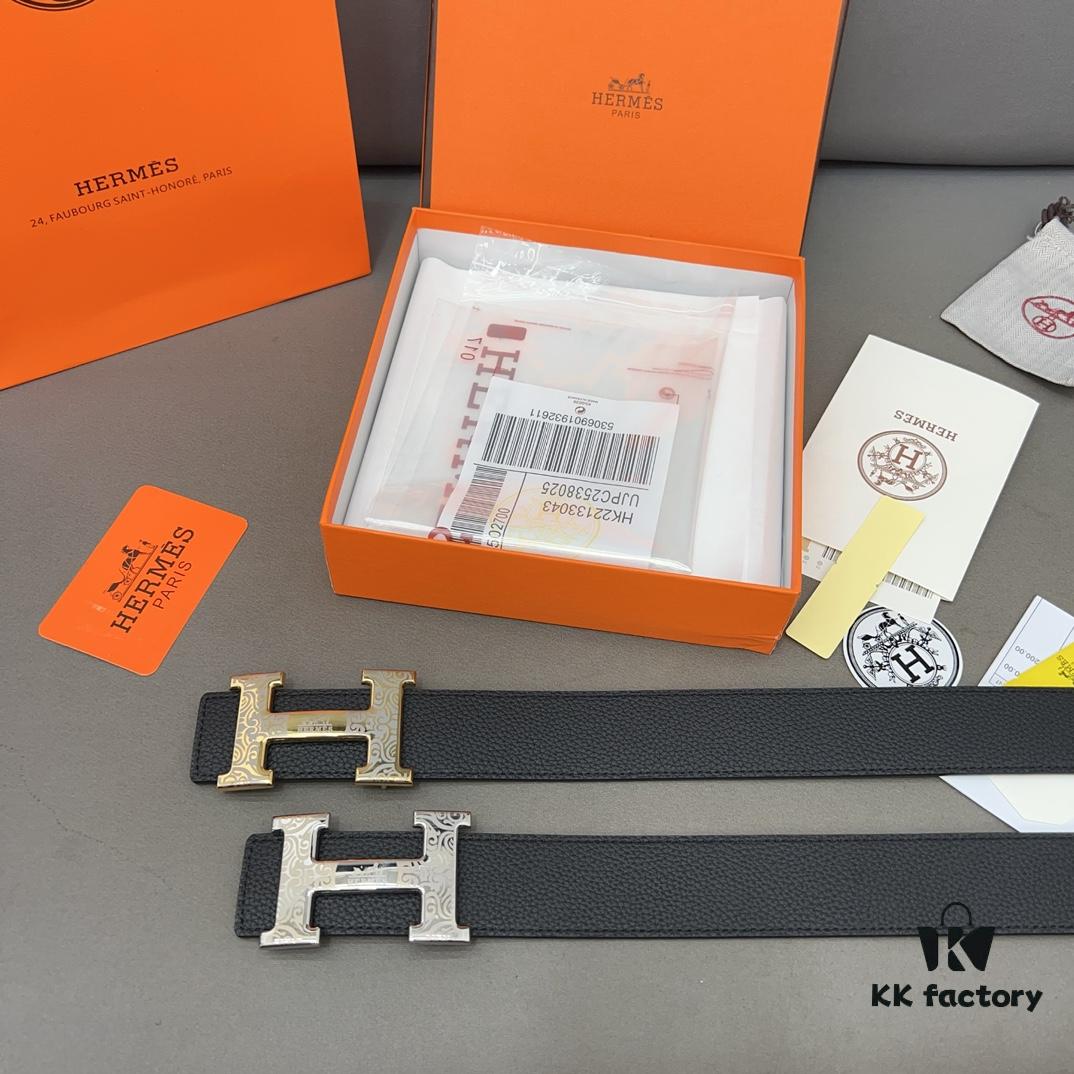 692f17755464a31cf521a79c Hermès Men's Leather Belt with Steel Buckle, Printed Eyelets, Genuine Cowhide, Classic Design, Two Colors Available