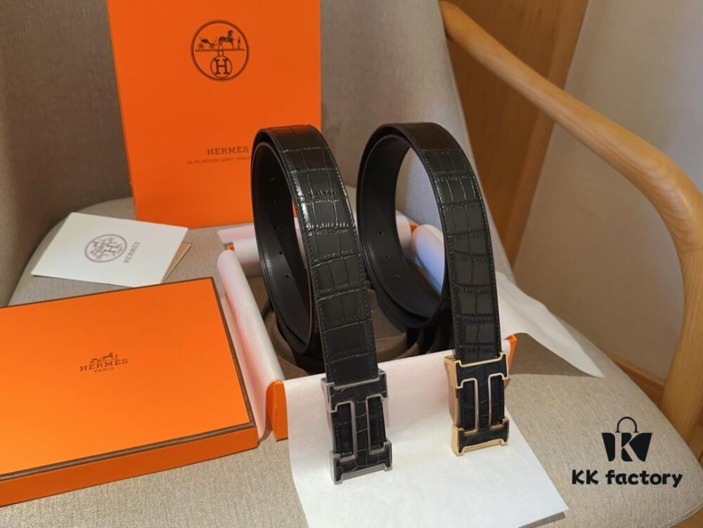 692faa9999f2d84055c862e4 Hermes Men's Genuine Leather Crocodile Pattern Belt, 3.5cm Width