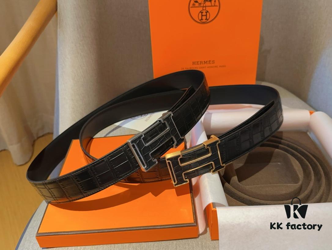 Hermes Men's Genuine Leather Crocodile Pattern Belt, 3.5cm Width