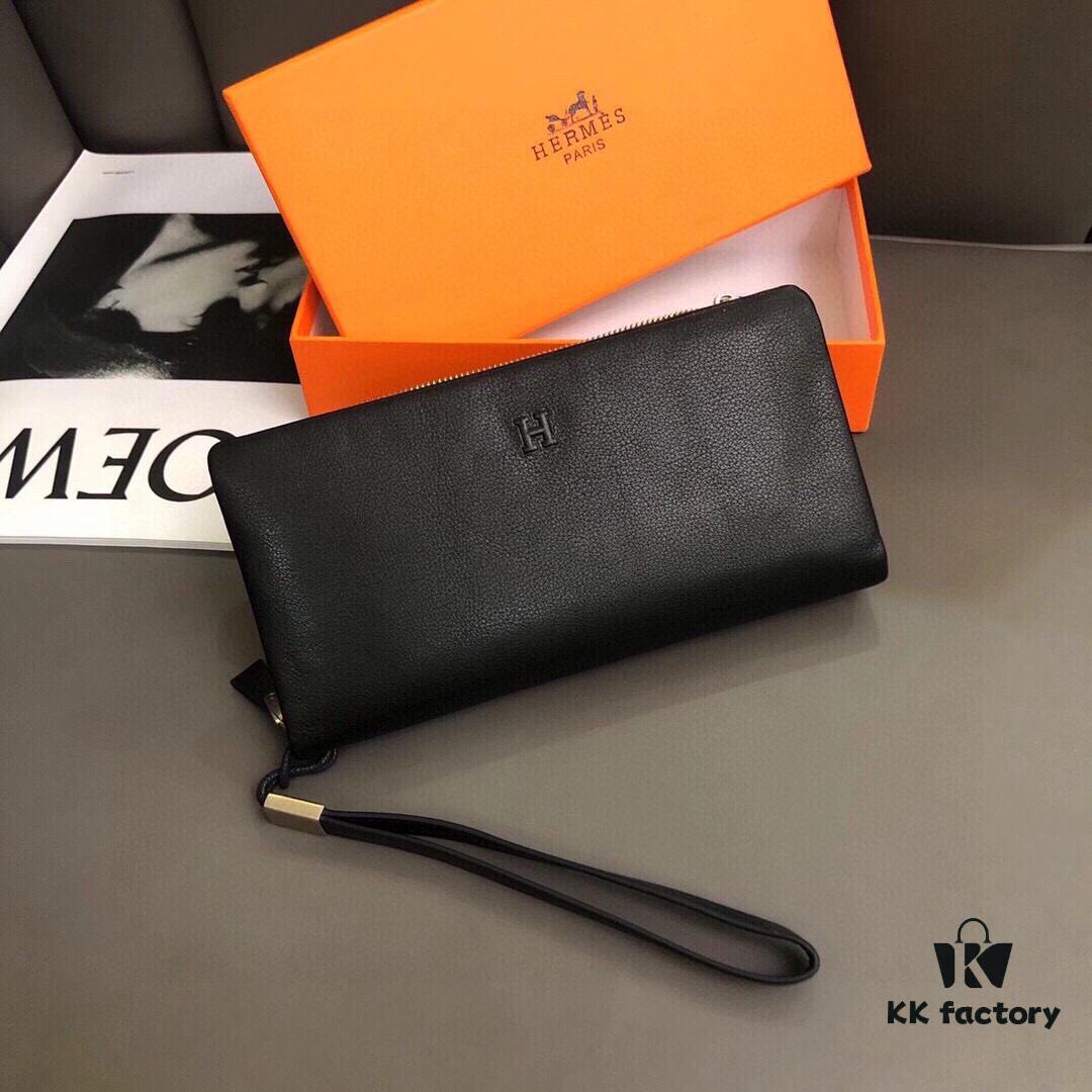 692faab899f2d84055c8631c Hermès Black Leather Clutch 21x10 Model 90095 - Premium Cowhide with Card Slots and Phone Pocket, Men's Essential Fashion Accessory