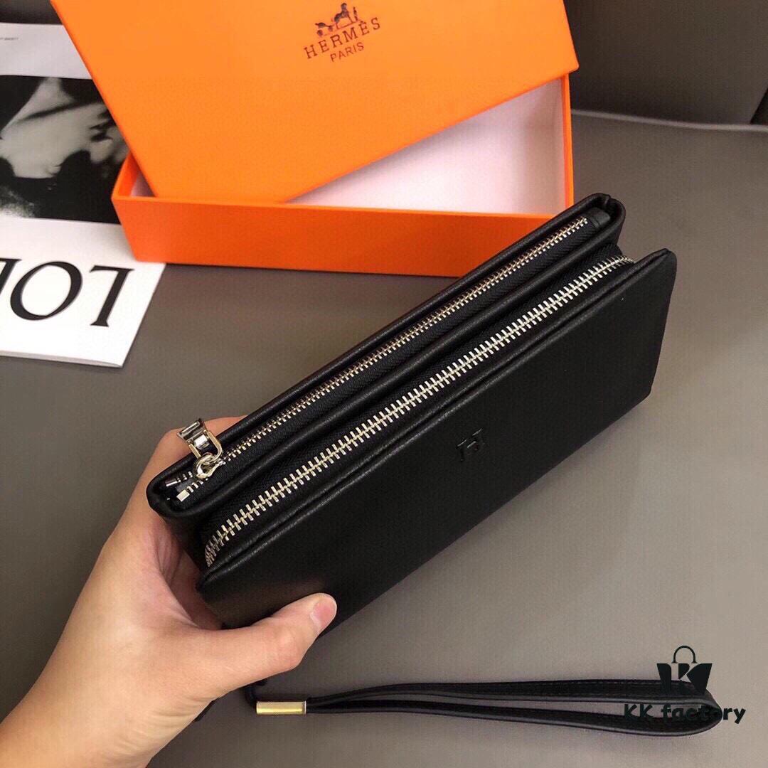 692faab999f2d84055c8631e Hermès Black Leather Clutch 21x10 Model 90095 - Premium Cowhide with Card Slots and Phone Pocket, Men's Essential Fashion Accessory