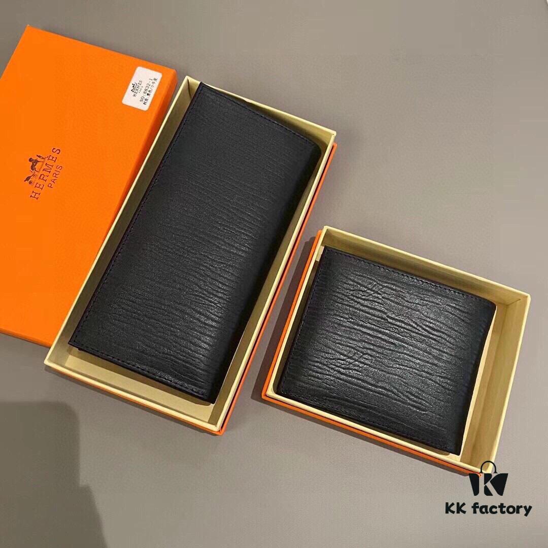 692faac399f2d84055c86332 Hermes-style Men's Genuine Cowhide Bifold Wallet in Black - Short 12x10 cm and Long 19x10 cm