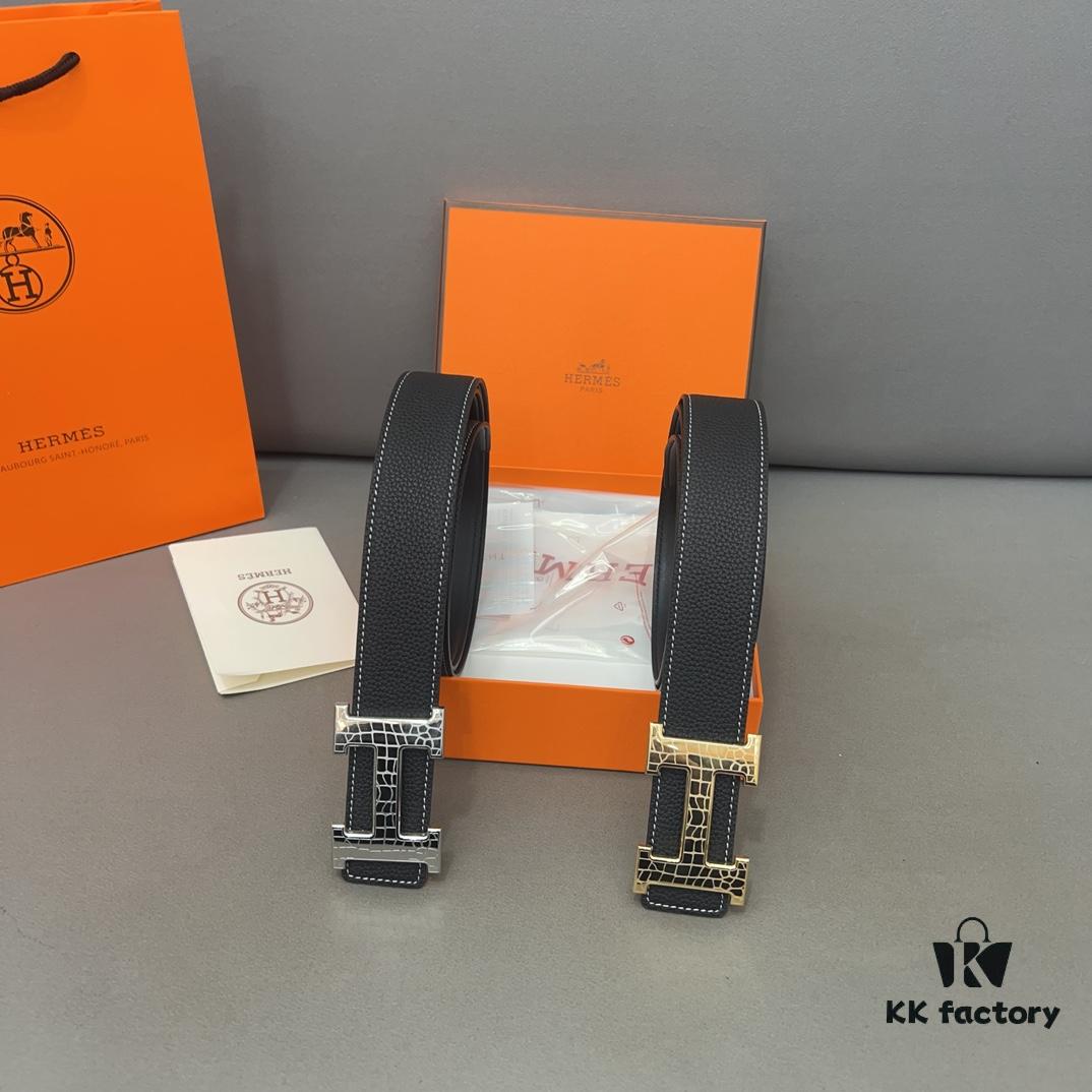 692fab0e99f2d84055c863ce Hermès Men's Leather Belt with Steel Buckle and Printed Eyelets, Classic Design, Two Colors Available