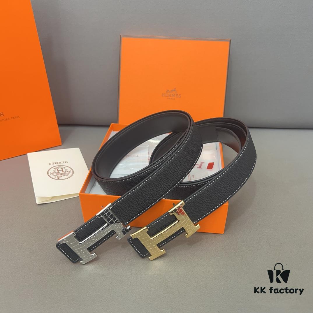 692fab0f99f2d84055c863d1 Hermès Men's Leather Belt with Steel Buckle and Printed Eyelets, Classic Design, Two Colors Available