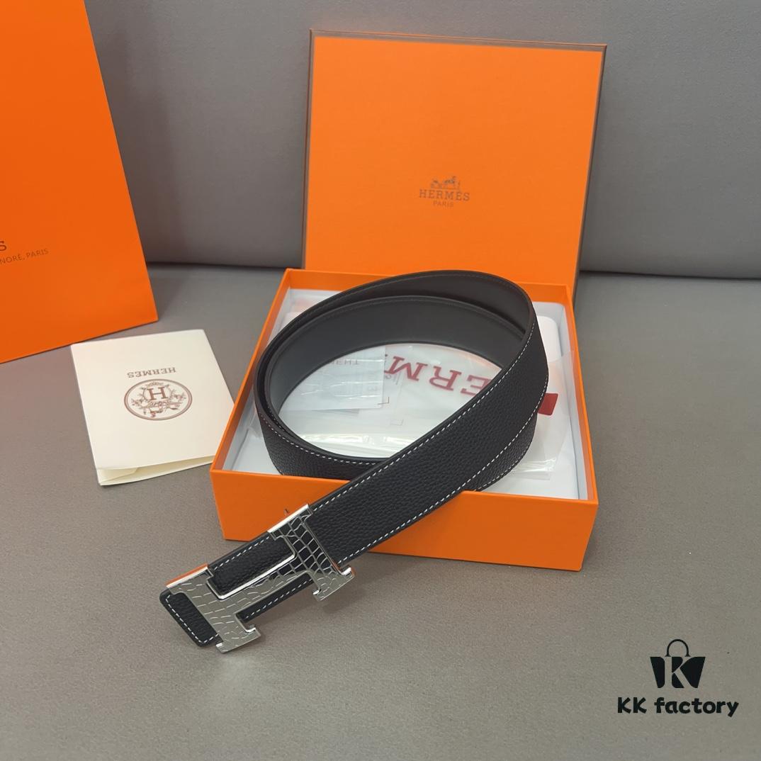 692fab0f99f2d84055c863d3 Hermès Men's Leather Belt with Steel Buckle and Printed Eyelets, Classic Design, Two Colors Available
