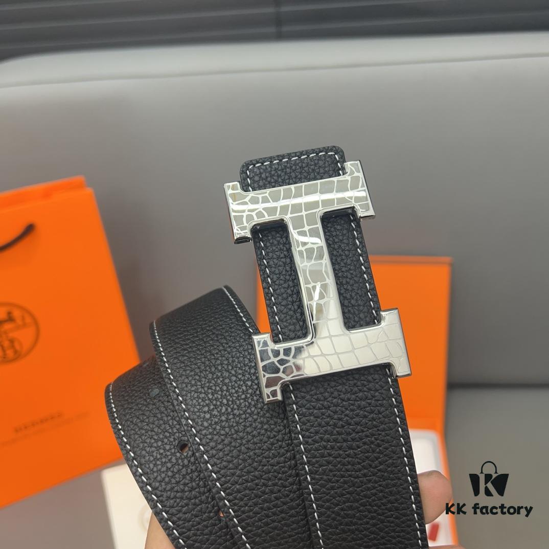 692fab0f99f2d84055c863d5 Hermès Men's Leather Belt with Steel Buckle and Printed Eyelets, Classic Design, Two Colors Available